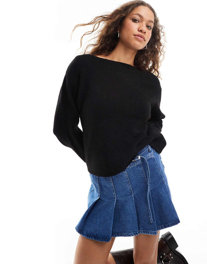 Knitted Top With Off Shoulder Boat Neck