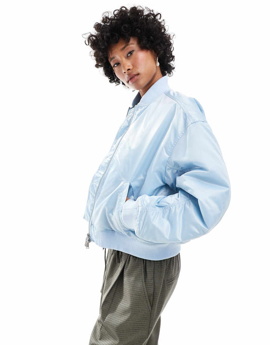 High Shine Bomber Jacket With Front Welt Pockets