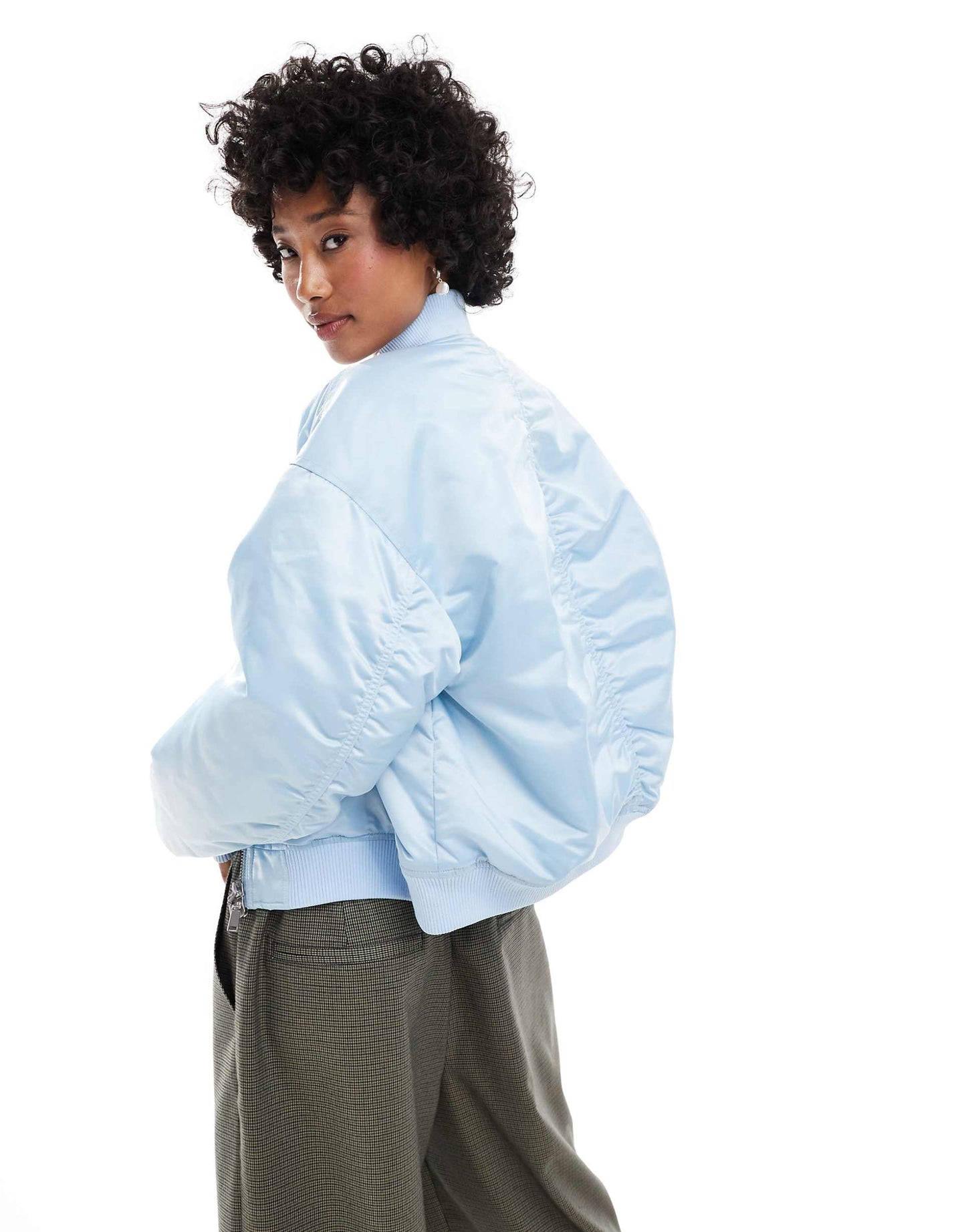 High Shine Bomber Jacket With Front Welt Pockets