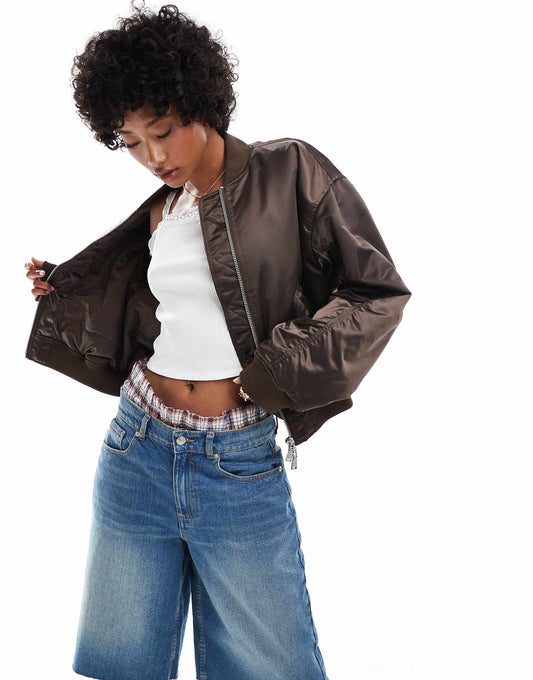 Satin Bomber Jacket With Front Welt Pockets