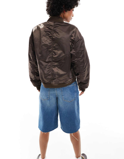 Satin Bomber Jacket With Front Welt Pockets