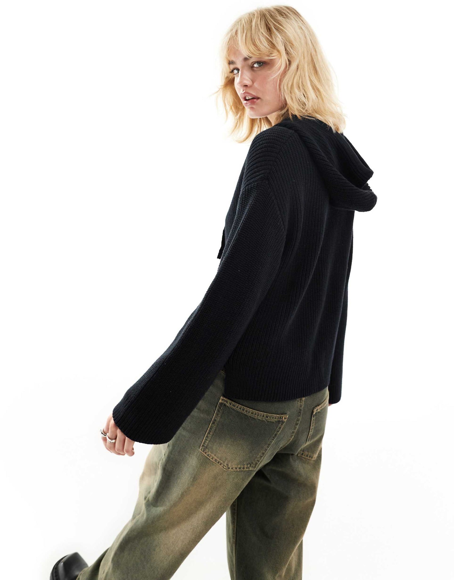 Knitted Rib Hoodie Zip Up Cardigan