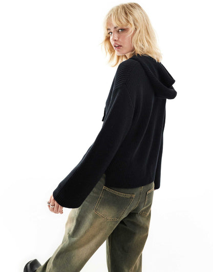 Knitted Rib Hoodie Zip Up Cardigan