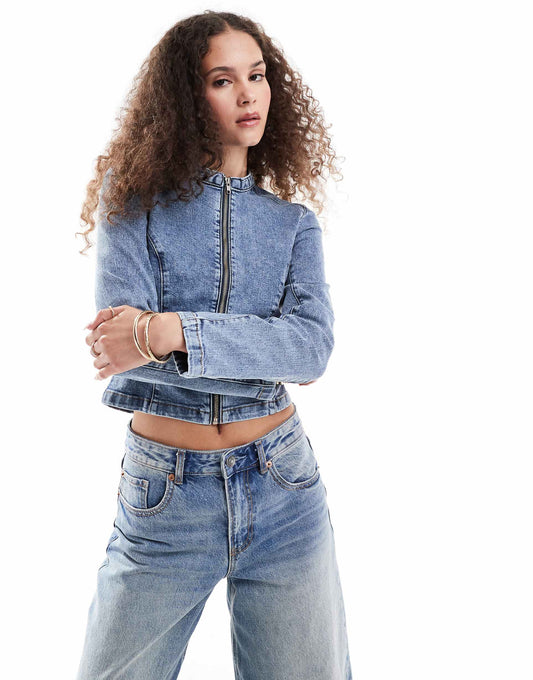 Fitted Zip Front Denim Jacket