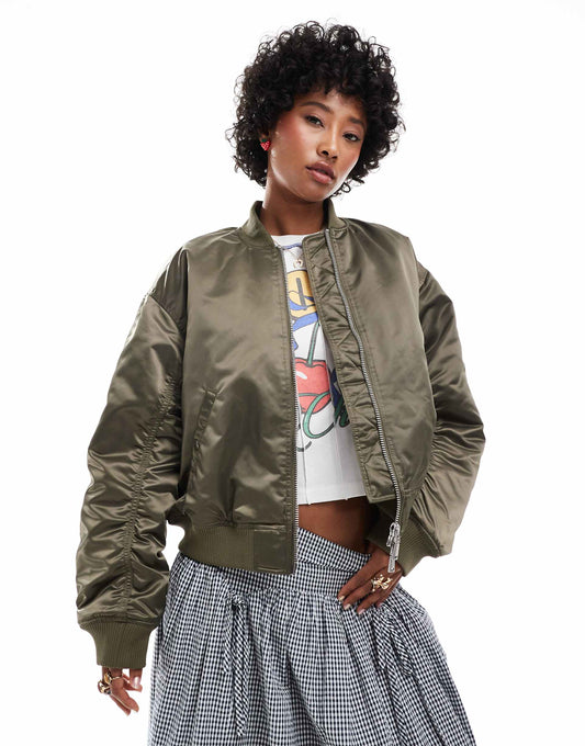 Satin Bomber Jacket With Front Welt Pockets