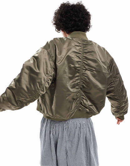 Satin Bomber Jacket With Front Welt Pockets