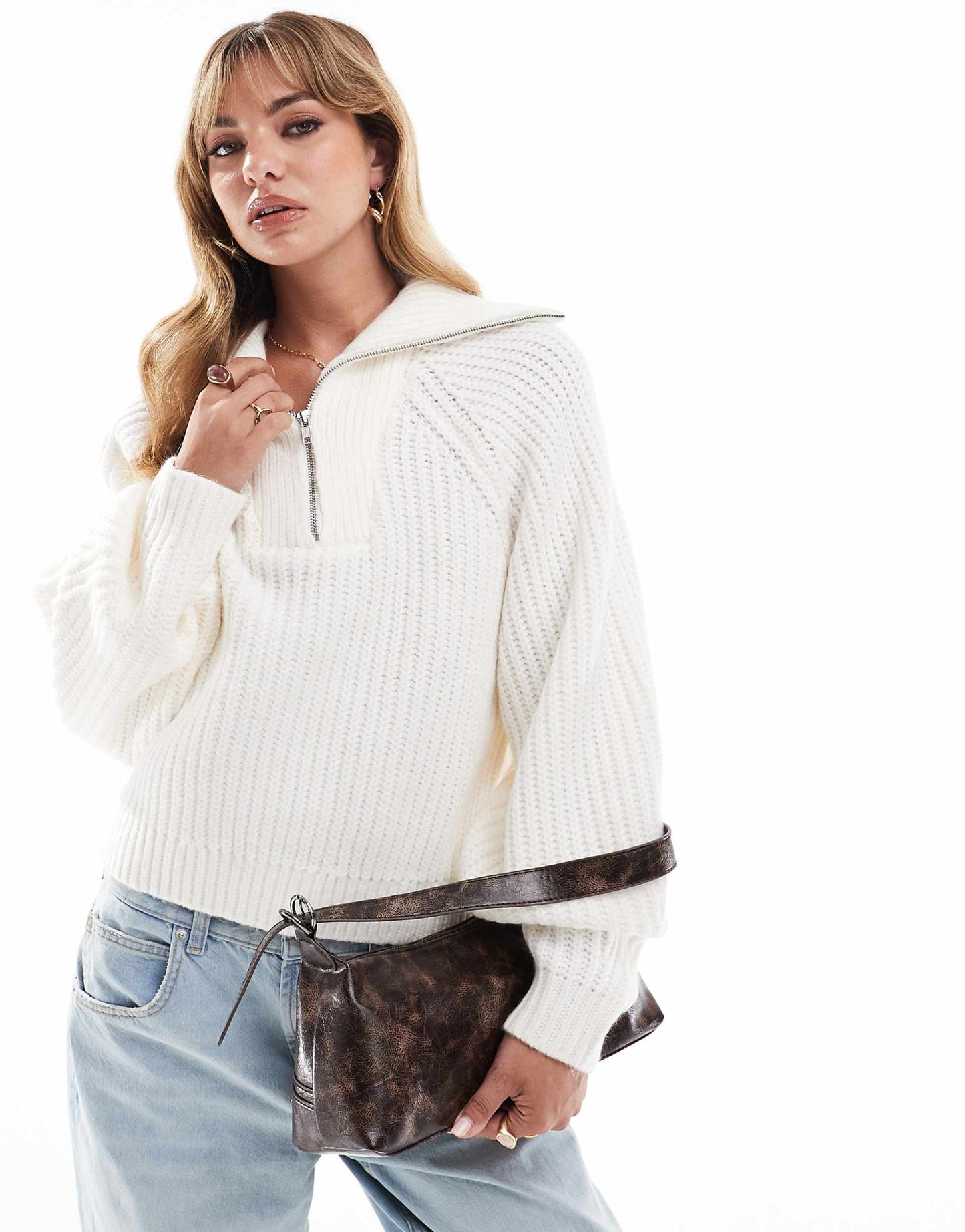 High Neck Funnel Half Zip Jumper With Volume Sleeve