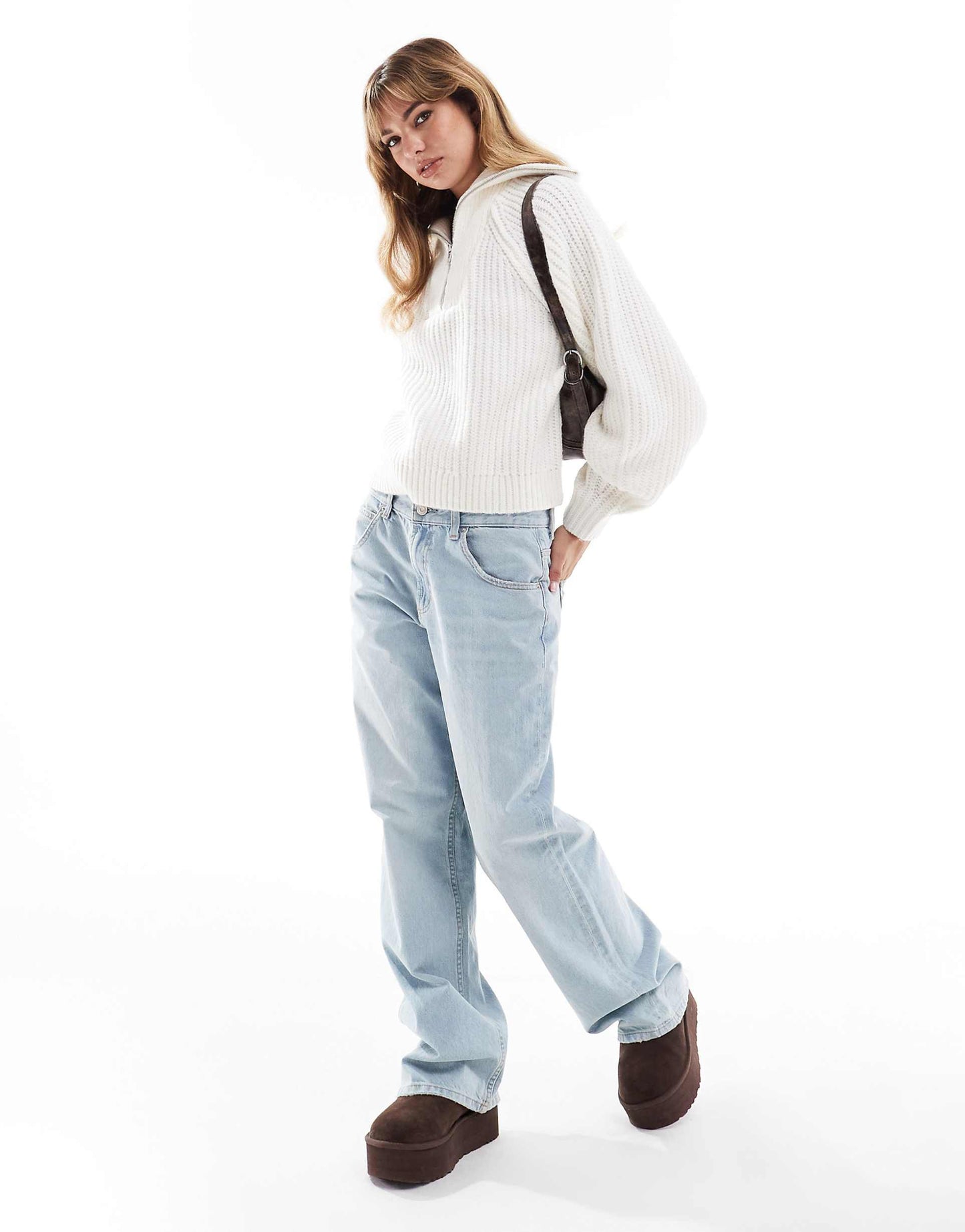 High Neck Funnel Half Zip Jumper With Volume Sleeve