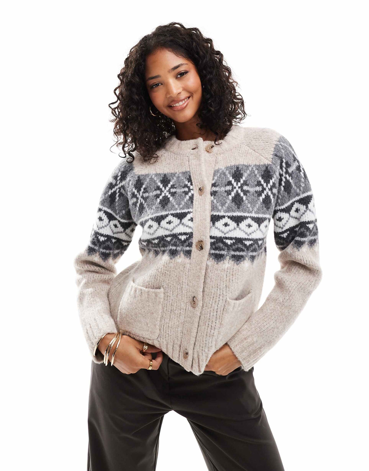 Crew Neck Cardigan With Fairisle Detail