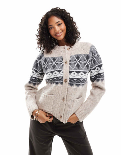 Crew Neck Cardigan With Fairisle Detail