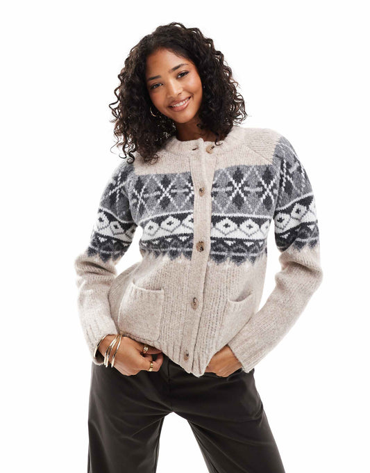 Crew Neck Cardigan With Fairisle Detail