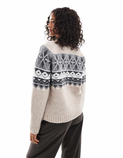 Crew Neck Cardigan With Fairisle Detail