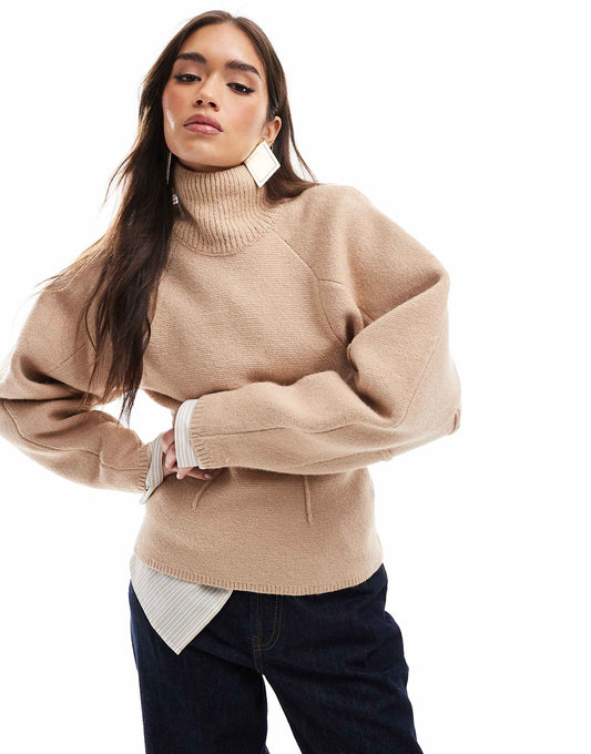 Funnel Neck Jumper With Structured Sleeve Detail