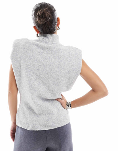 Knitted High Neck Tank With Shoulder Pad And Waisted Detail