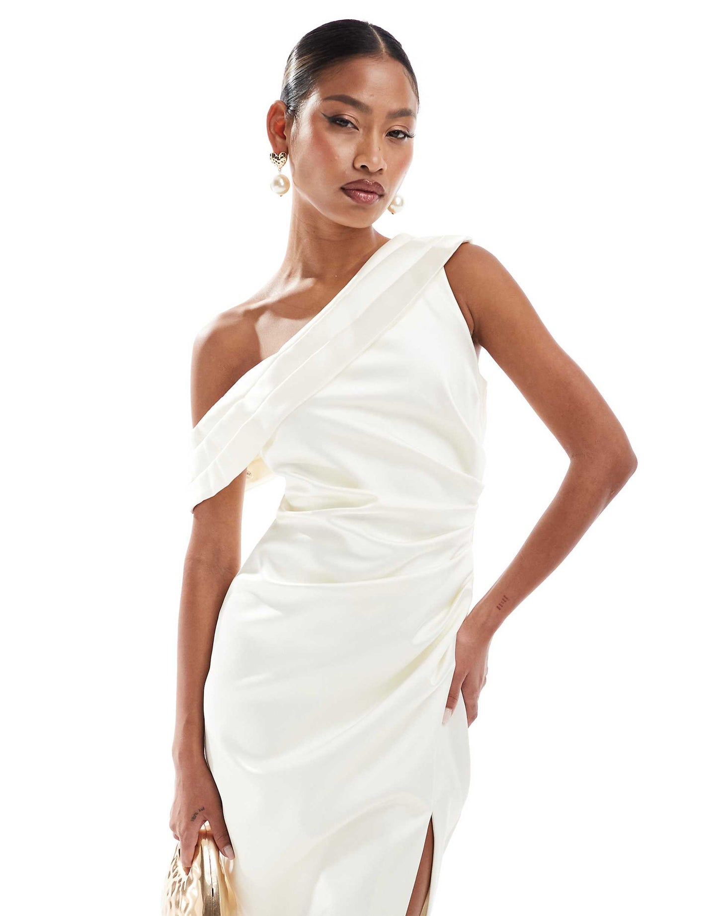 Pleated One Shoulder Bonded Satin Midi Dress