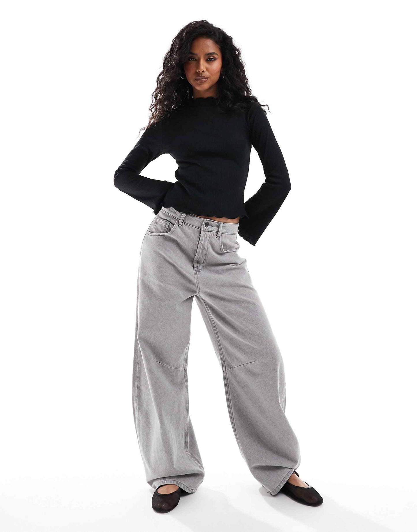 Long Sleeve High Neck Top With Lettuce Hem
