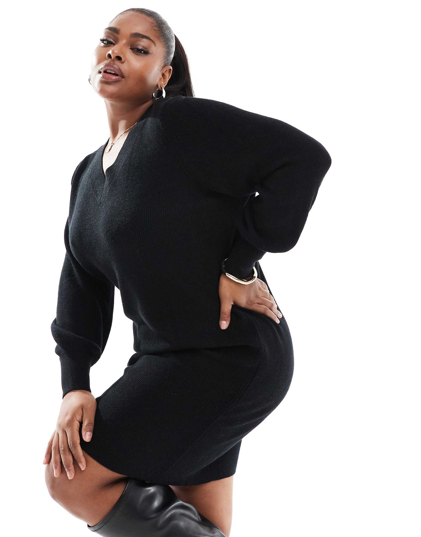 Curve V-Neck Knitted Mini Dress