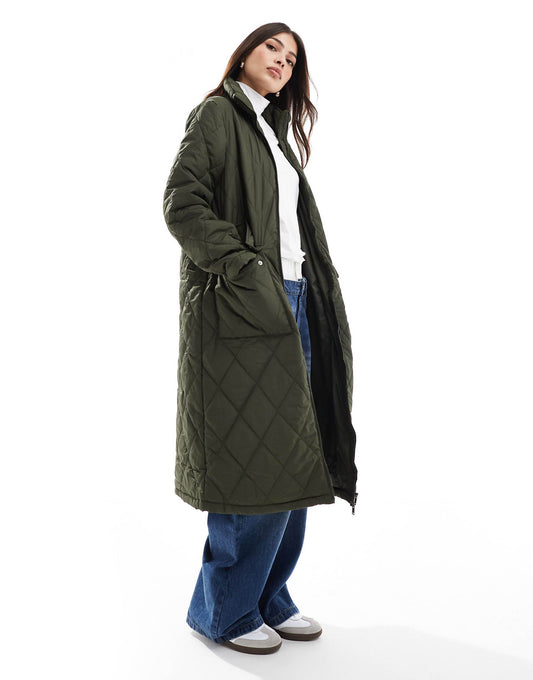 High Neck Quilted Longline Coat