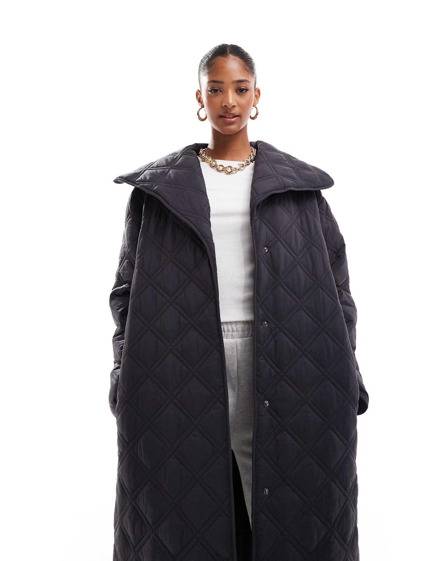 Waterfall Collar Double Stitch Quilt Longline Coat