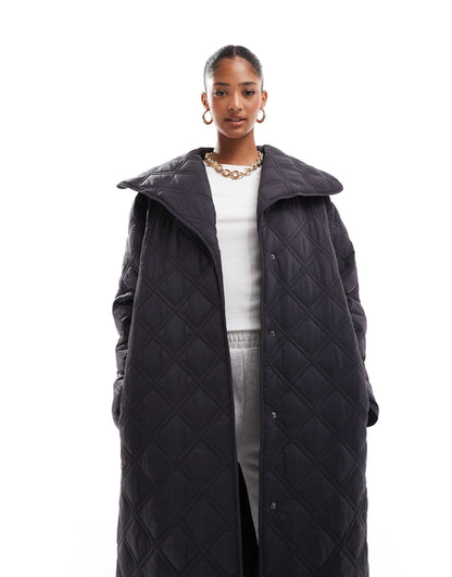 Waterfall Collar Double Stitch Quilt Longline Coat