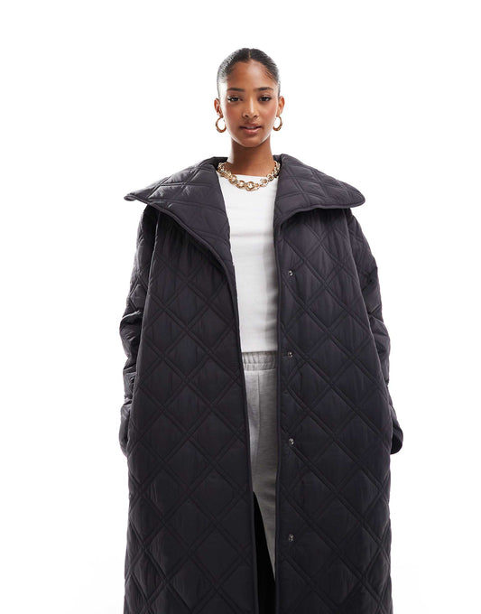 Waterfall Collar Double Stitch Quilt Longline Coat