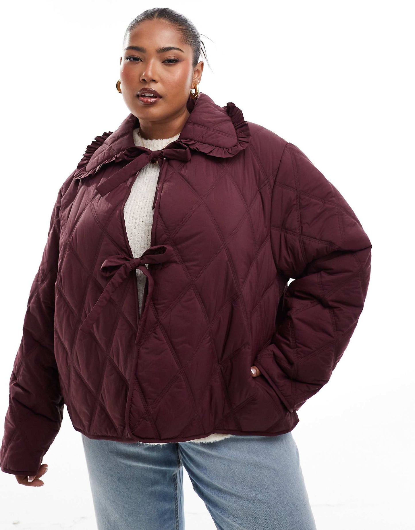 Curve Quilted Frill Collar Jacket With Tie Front