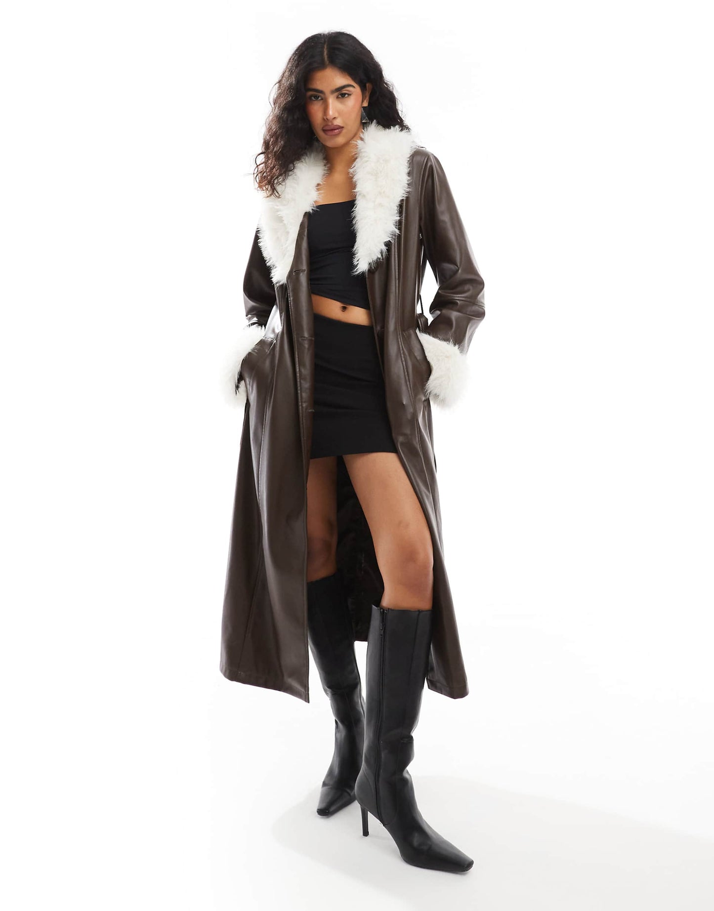 Faux Fur Collar And Cuff Longline Leather Look Coat