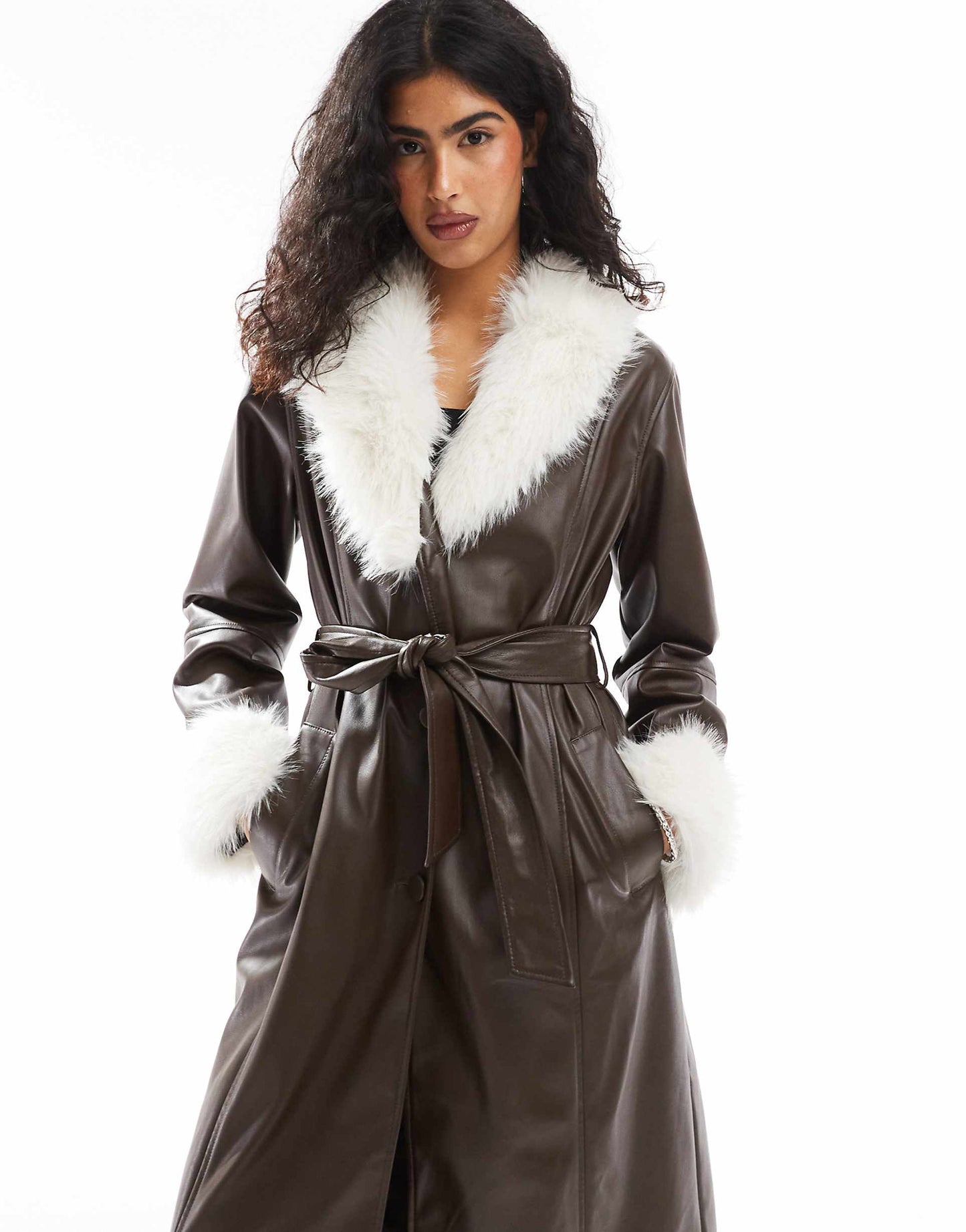 Faux Fur Collar And Cuff Longline Leather Look Coat