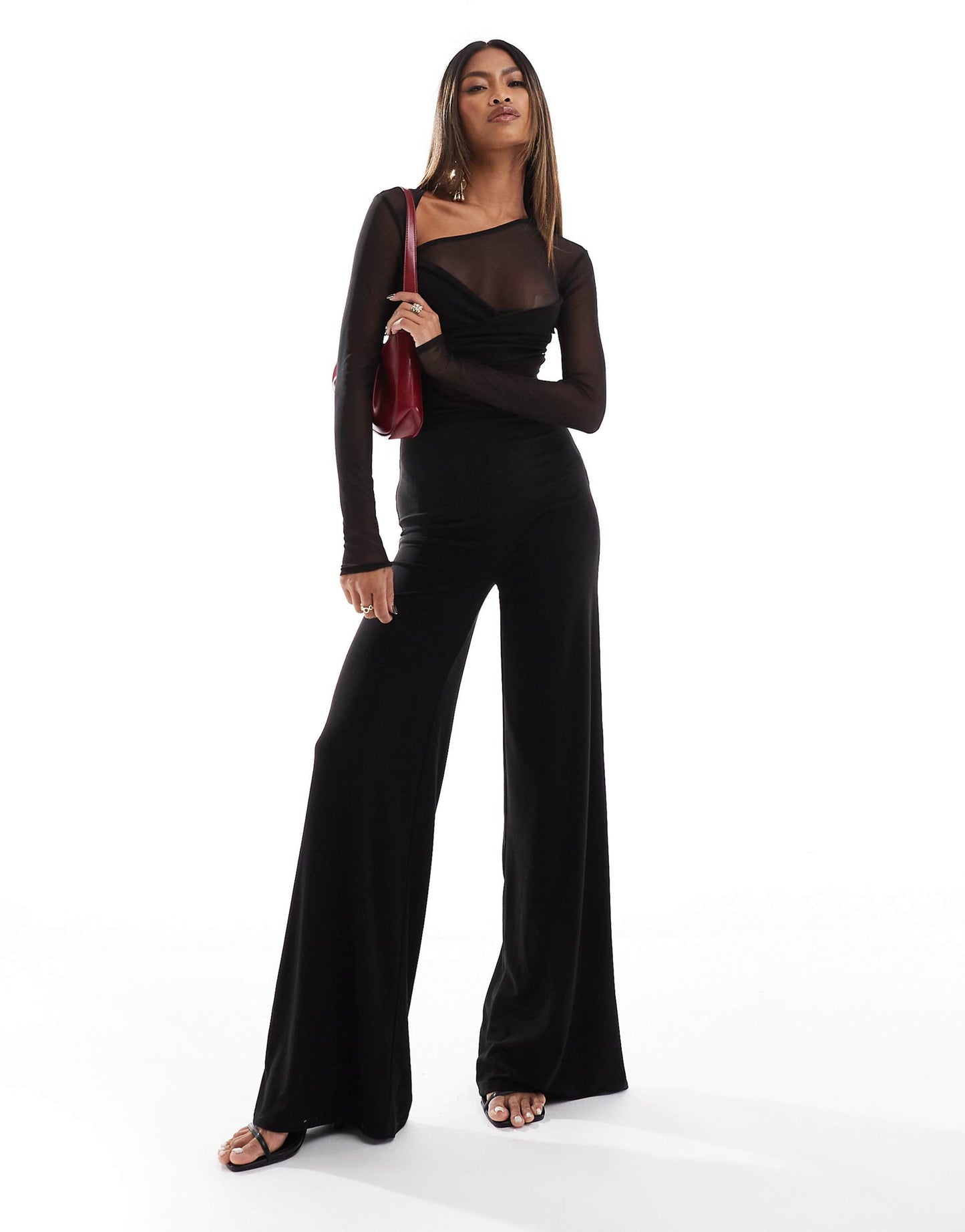 Long Sleeve Mesh Mix Jumpsuit With Twist Bust