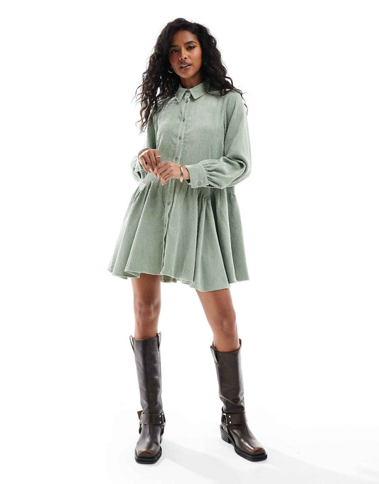 Cord Smock Mini Dress With Peplum Hem