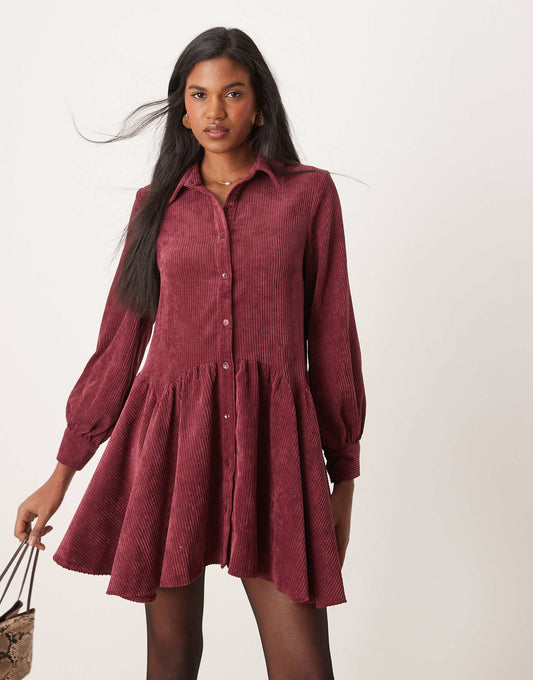 Cord Smock Mini Dress With Peplum Hem