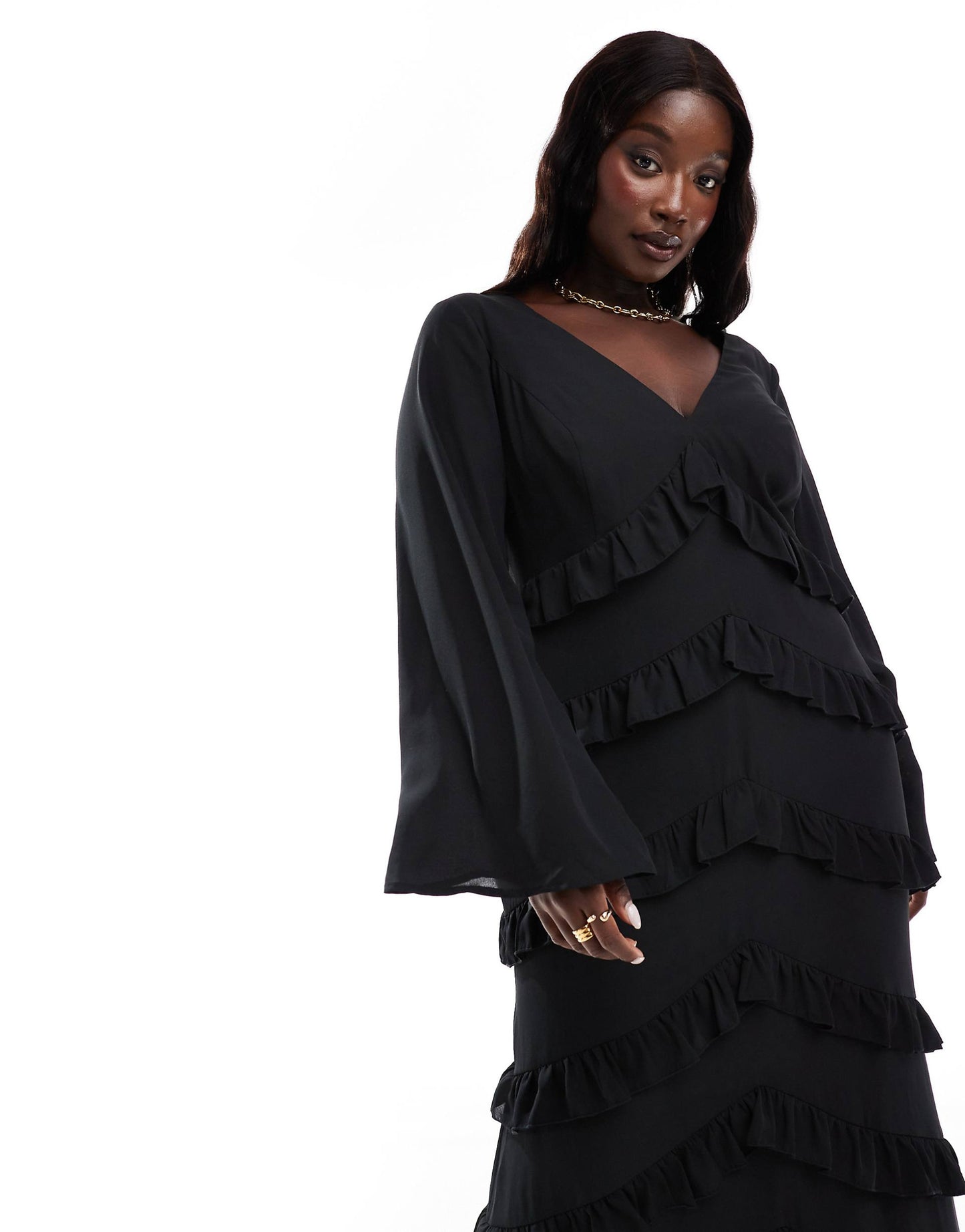 Curve Long Sleeve Ruffle Maxi Dress