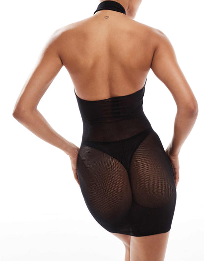 Glisten Sheer Mesh High Neck Racer Cut Dress