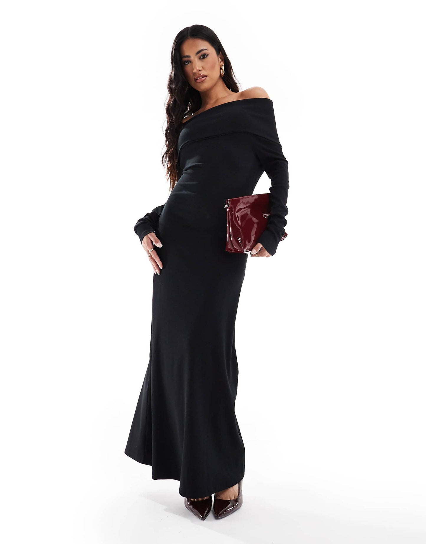 Ribbed Long Sleeve Bardot Maxi Dress