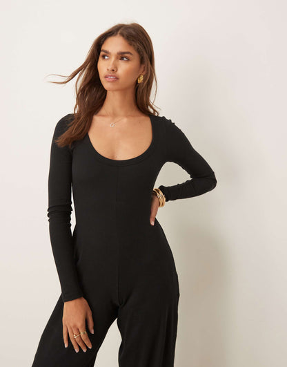 Ribbed Long Sleeve Scoop Neck Jumpsuit