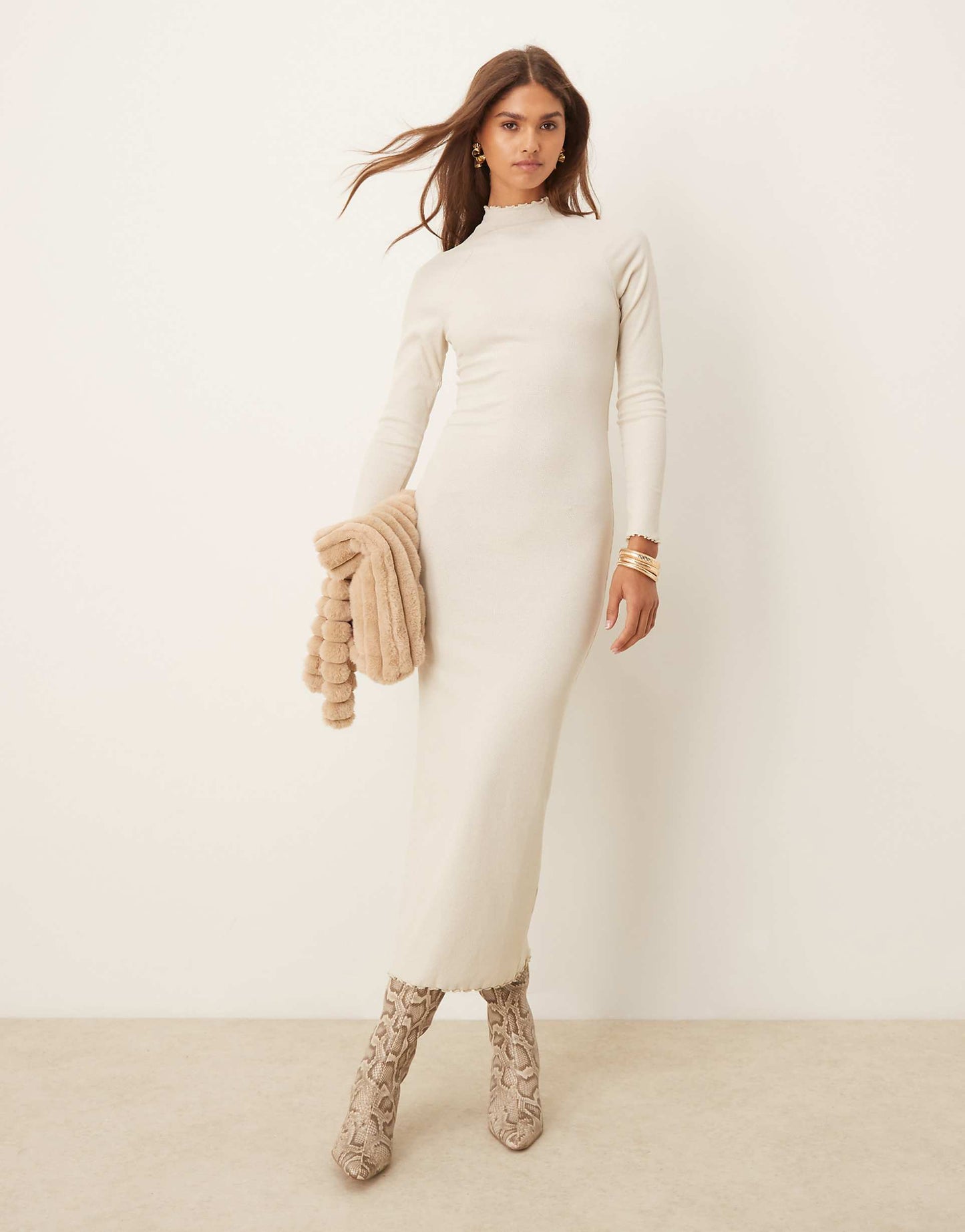 Ribbed Long Sleeve High Neck Batwing Maxi Dress