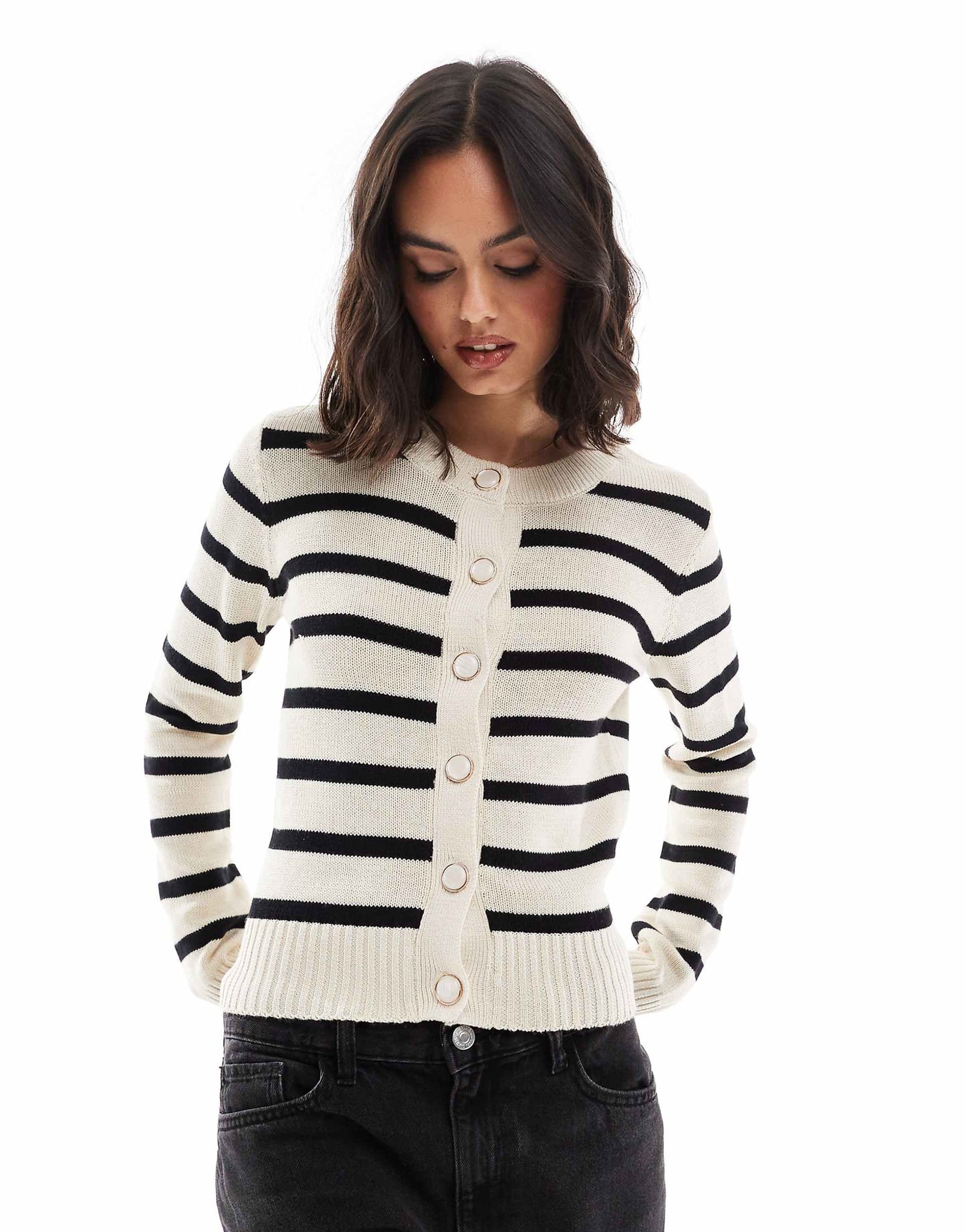 Crew Neck Stripe Jersey Knitted Cardigan With Gold Buttons