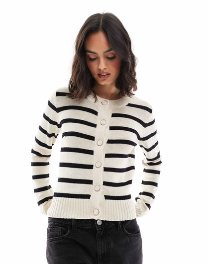 Crew Neck Stripe Jersey Knitted Cardigan With Gold Buttons