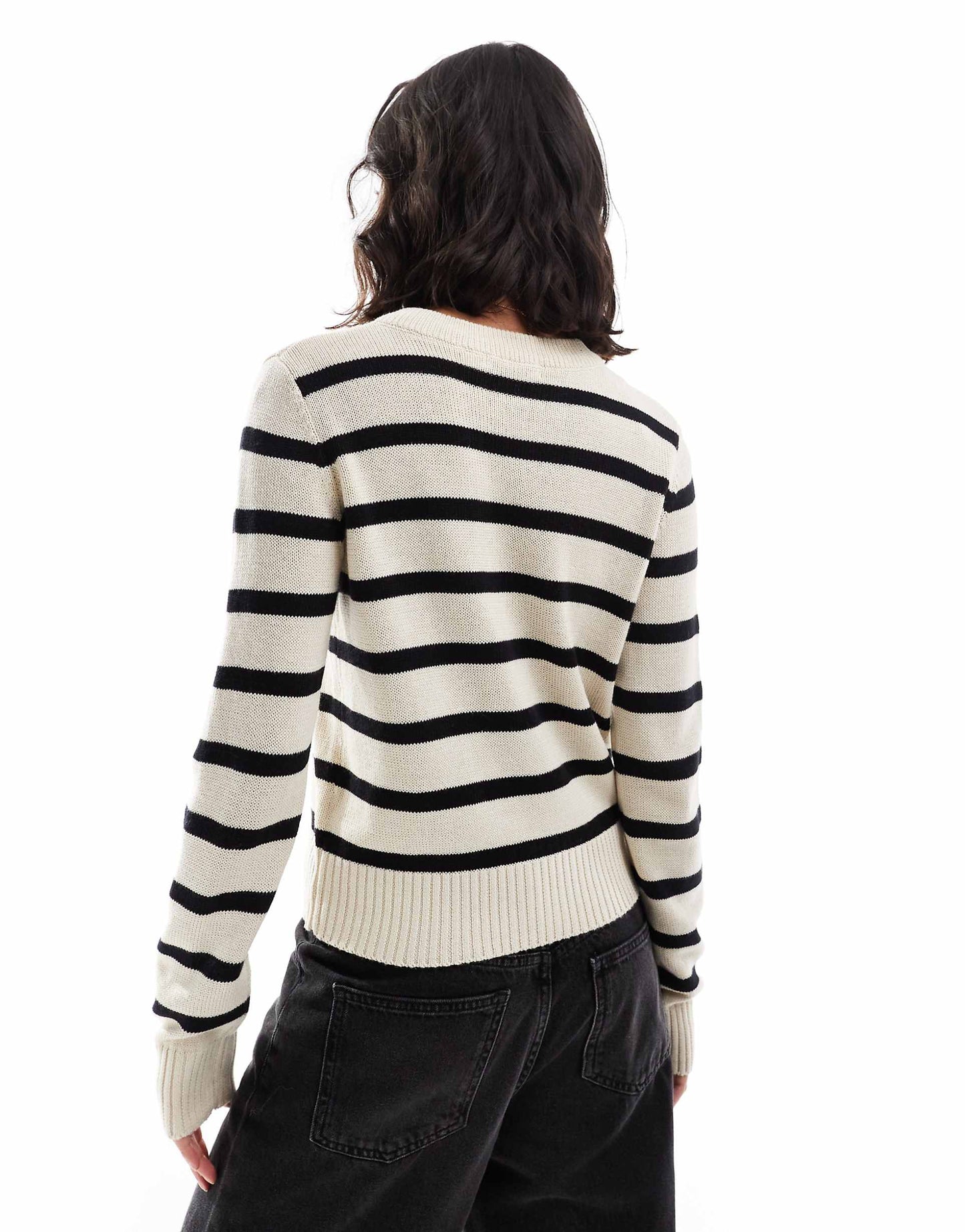 Crew Neck Stripe Jersey Knitted Cardigan With Gold Buttons