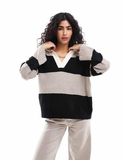 Knitted Stripe Polo Jumper With Contrast Stripe Collar