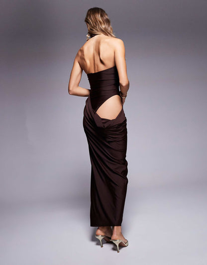 Slinky Sarong Style Maxi Dress With Asymmetric Neckline