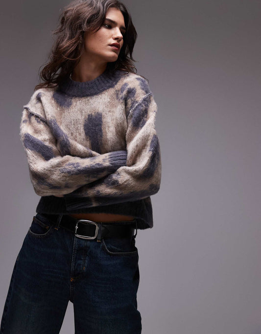 Knitted Fluffy Printed Oversized Jumper