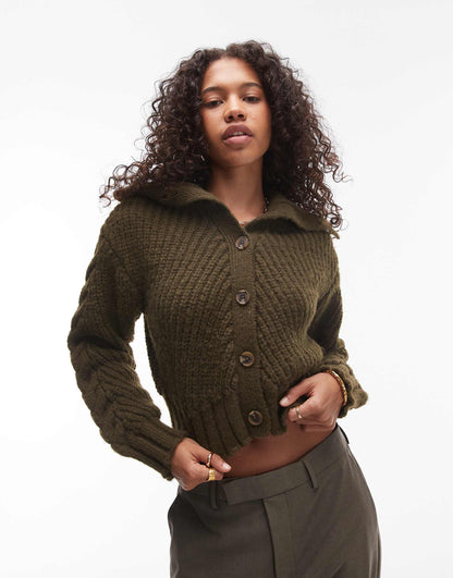 Knitted Chunky Cable Collar Cardi