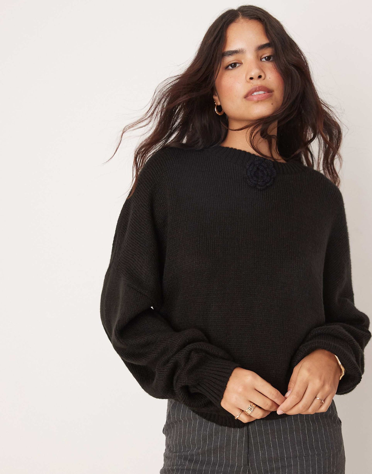 Relaxed Knitted Jumper With Rosette Detail
