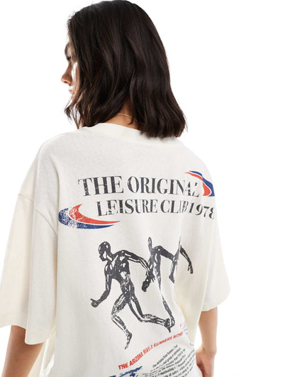 Textured Oversized T-Shirt With Leisure Club Back Graphic