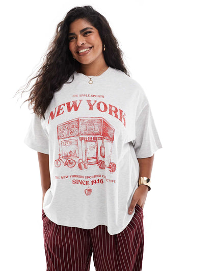 Curve Boyfriend Fit T-Shirt With Red New York Sports Graphic