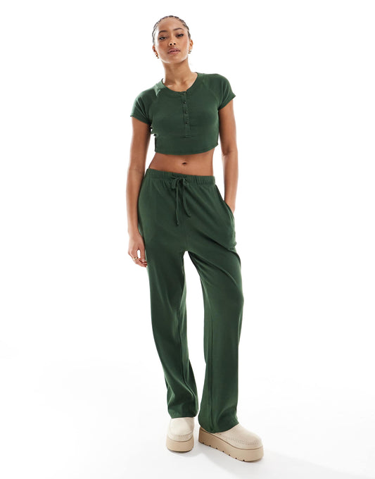 Ribbed Cropped T-Shirt And Wide Leg Trouser Lounge Set