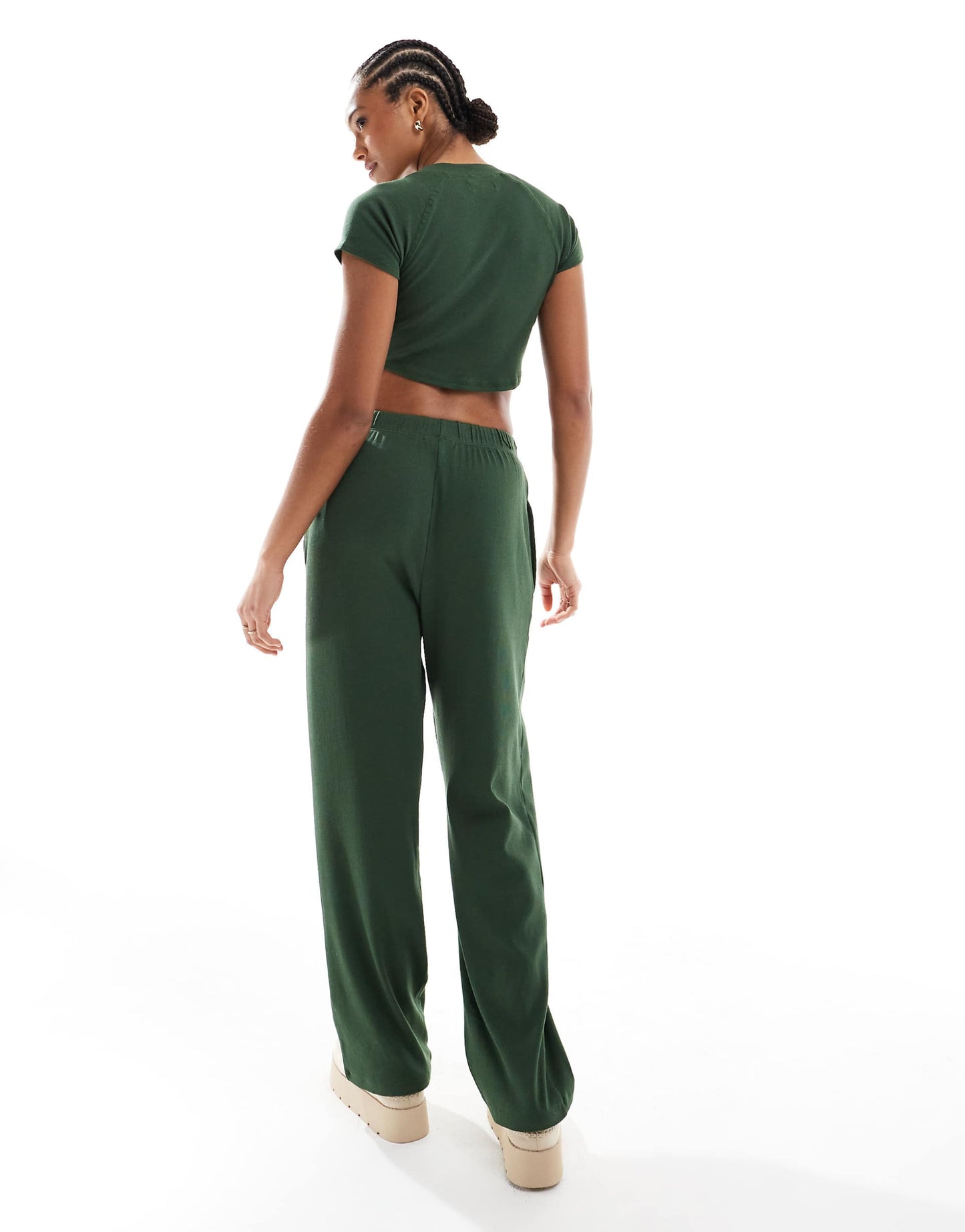 Ribbed Cropped T-Shirt And Wide Leg Trouser Lounge Set