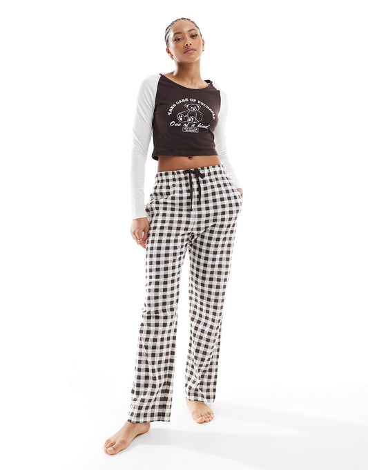Cropped Long Sleeve T-Shirt And Wide Leg Check Trouser Lounge Set