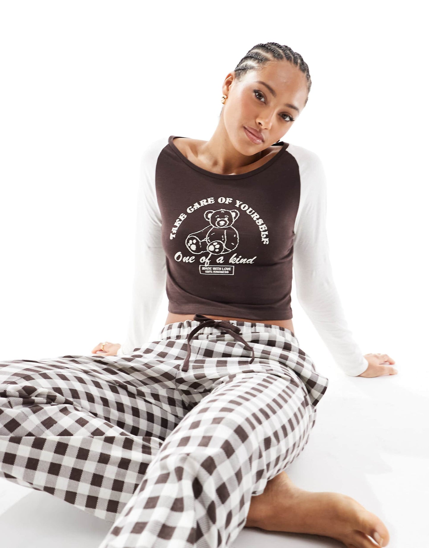 Cropped Long Sleeve T-Shirt And Wide Leg Check Trouser Lounge Set